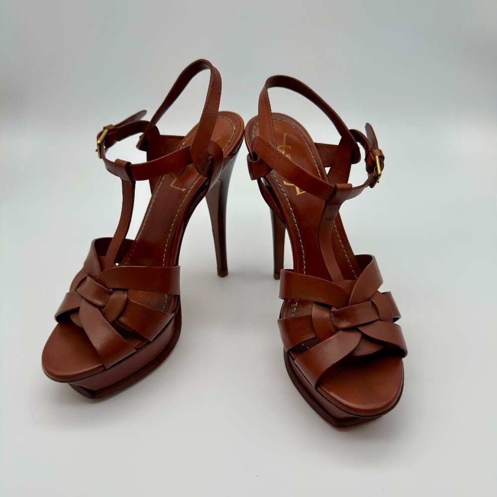 Saint Laurent YSL Tribute Brown Leather Platform Sandals Size 37 US 7